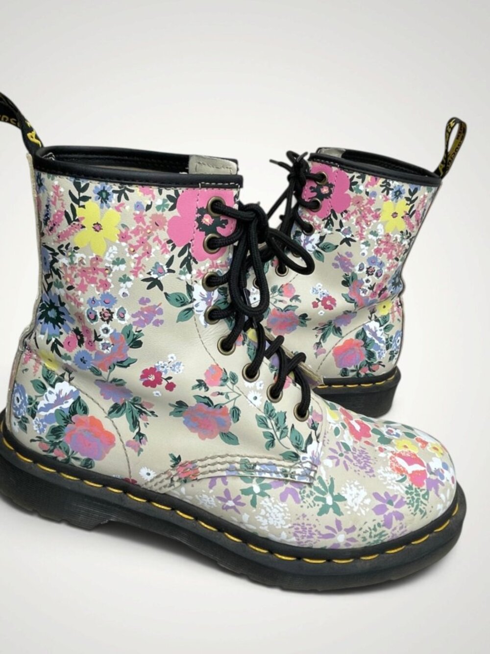 Dr Martens Floral Mash Up Combat Boots Beige Leather 1460 Pascal Women's 8